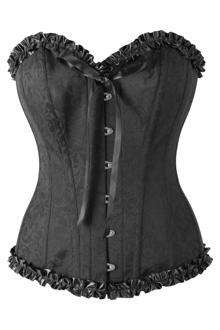 Corsetto in broccato con scollo a cuore e volant, colore nero