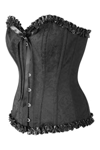 Corsetto in broccato con scollo a cuore e volant, colore nero