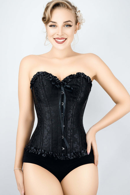 Corsetto in broccato con scollo a cuore e volant, colore nero