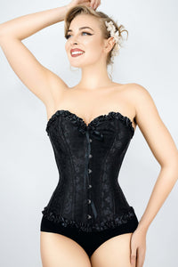 Corsetto in broccato con scollo a cuore e volant, colore nero