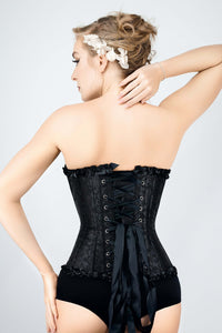 Corsetto in broccato con scollo a cuore e volant, colore nero