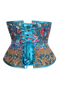 Teal Garden Brocade Corset – Floral & Butterfly Satin Lace-Up