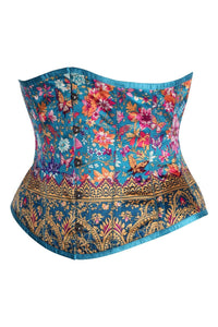 Teal Garden Brocade Corset – Floral & Butterfly Satin Lace-Up