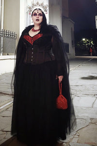 Corsetto intero in nero e rosso stile Burlesque con collo all'americana