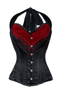 Corsetto intero in nero e rosso stile Burlesque con collo all'americana