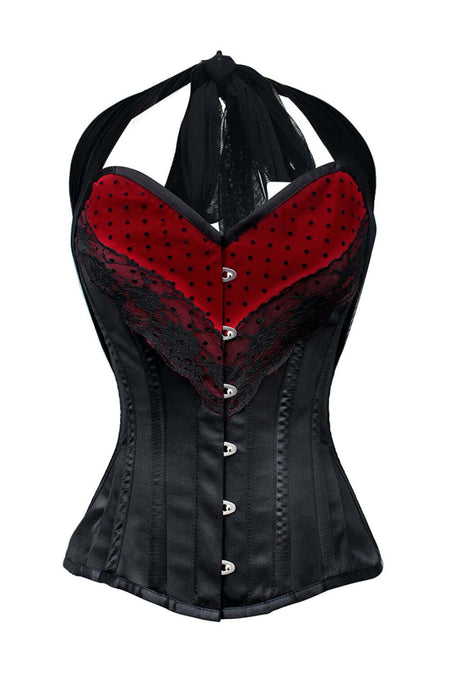 Corsetto intero in nero e rosso stile Burlesque con collo all'americana
