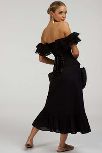Alyssum Top corsetto in cotone broderie anglaise nero con maniche a balze doppie