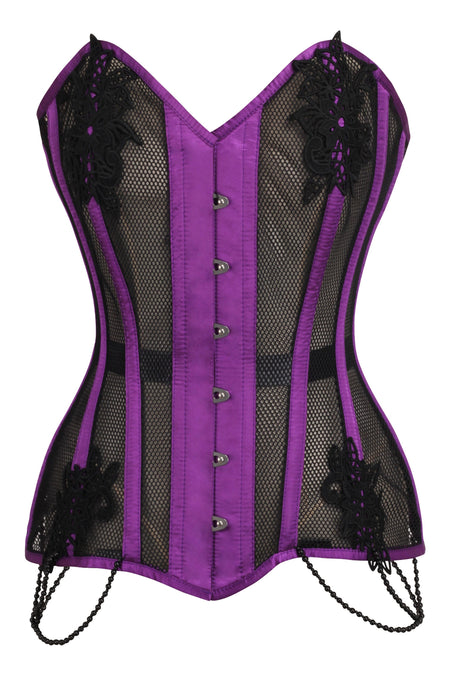 Purple Mesh and Lace Appliqué Waist Taming Overbust Corset