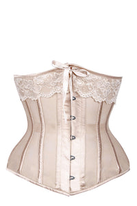 Corsetto da sposa lungo in raso, con raffinati inserti ricamati, color champagne