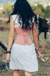 Historically Inspired Terracotta Longline Corset with Lace and Ribbing