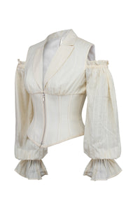 Corset Story BC-066 Ivory Corset Top with Front Zip and Long Sleeves