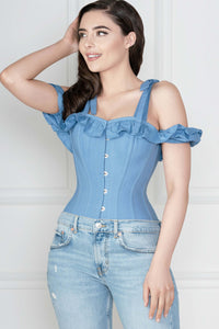 Top a Corsetto in Cotone Blu con Spalle Scoperte