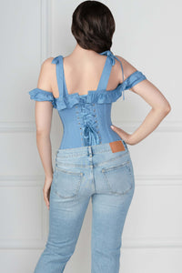 Top a Corsetto in Cotone Blu con Spalle Scoperte