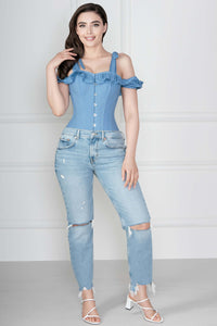 Top a Corsetto in Cotone Blu con Spalle Scoperte