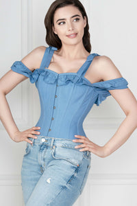 Top a Corsetto in Cotone Blu con Spalle Scoperte