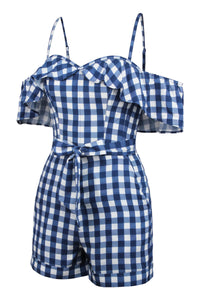 Corset Story SC-066 Ivy Gingham Blue Viscose Corset Playsuit With Off The Shoulder Sleeves