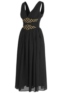 Black & Gold Corset Midi Dress – Vintage Elegance with a Regal Touch
