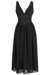 Elegant Black Corset Midi Dress – Timeless Gothic Charm