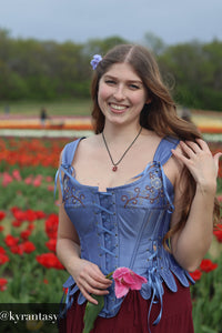 Blue Satin Historically Inspired Corset with Shoulder Straps