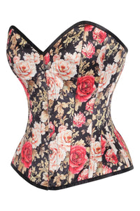 Vintage Rose Brocade Overbust Corset – Elegant Floral Lace-Up Design