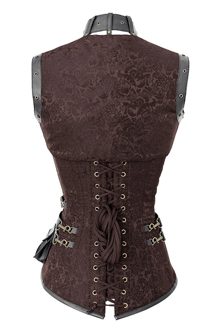 Brown Steampunk Overbust Corset with Black Faux Leather Harness and Utility Pouch