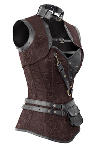 Brown Steampunk Overbust Corset with Black Faux Leather Harness and Utility Pouch