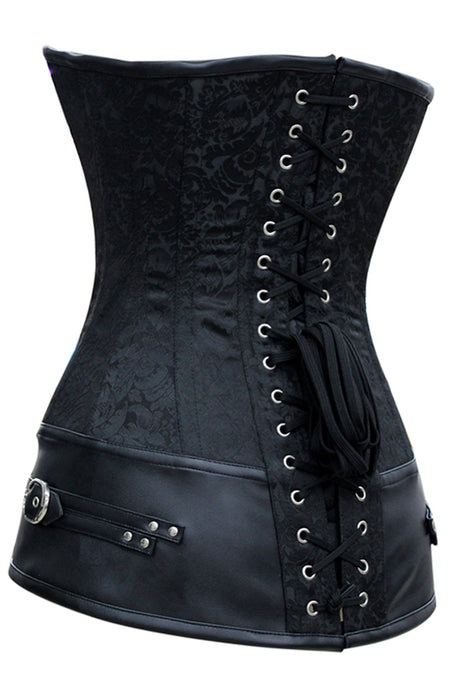 Gothic Black Brocade Longline Overbust Corset with Swing Hook Closure and Faux Leather Trim