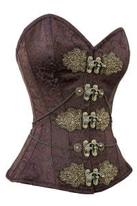 Ornate Brown Brocade Overbust Corset with Antique Brass Appliqués and Swing Hooks