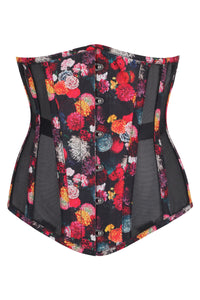 Floral Print Cotton Longline Underbust Corset with Black Mesh Panels