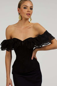 Alyssum Top corsetto in cotone broderie anglaise nero con maniche a balze doppie