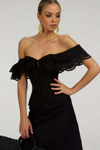 Alyssum Top corsetto in cotone broderie anglaise nero con maniche a balze doppie