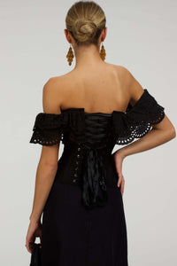 Alyssum Top corsetto in cotone broderie anglaise nero con maniche a balze doppie