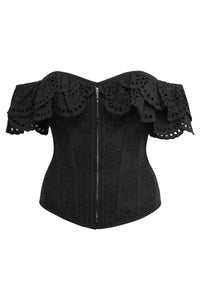 Alyssum Top corsetto in cotone broderie anglaise nero con maniche a balze doppie