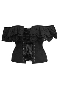 Alyssum Top corsetto in cotone broderie anglaise nero con maniche a balze doppie