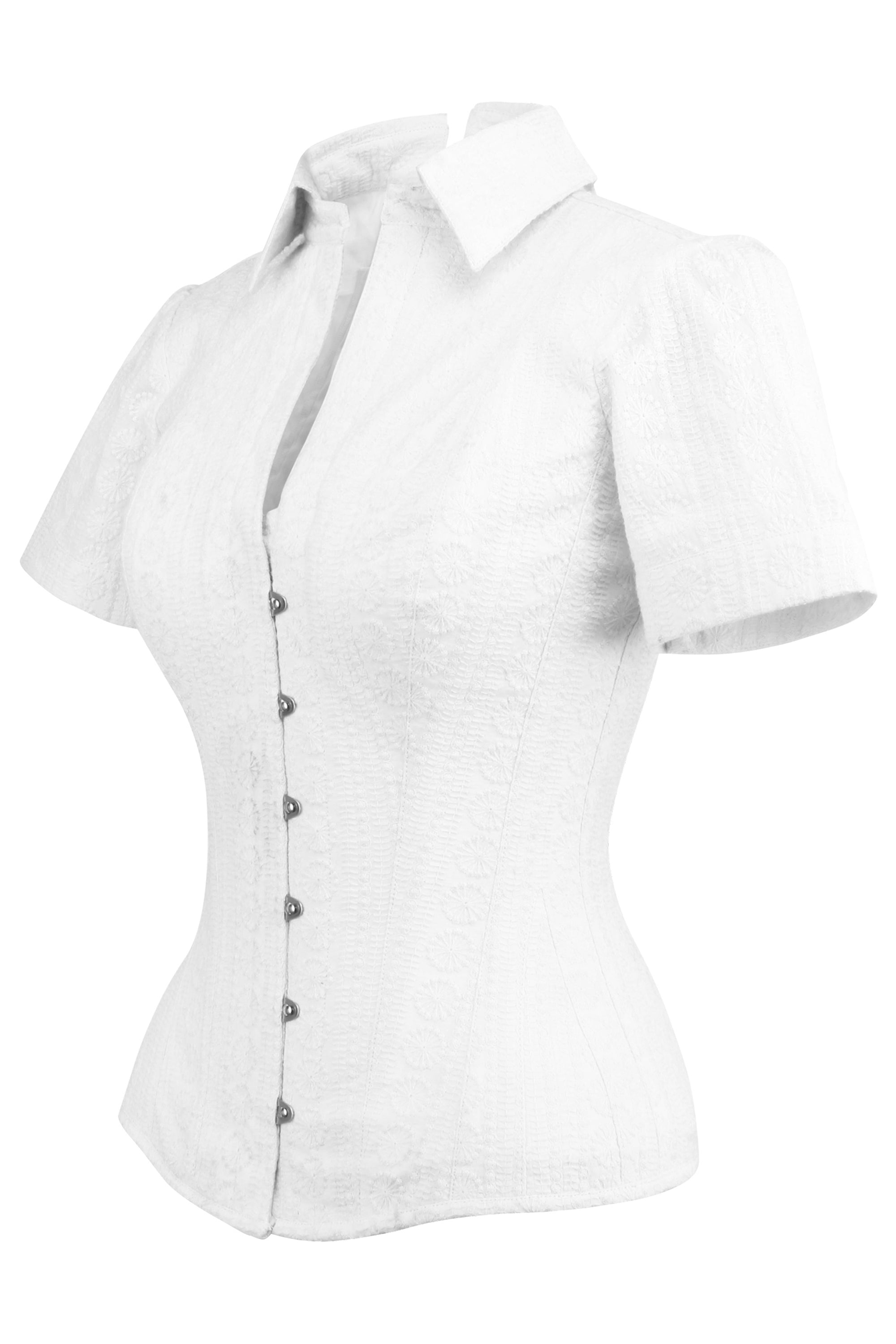 Camicia a Corsetto con Maniche Corte in Cotone Bianco