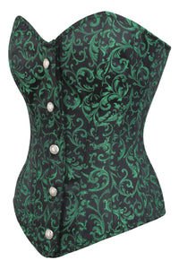 Corset Story BC-012 Green and Black Brocade Overbust Corset with Front Zip and Button Detailing