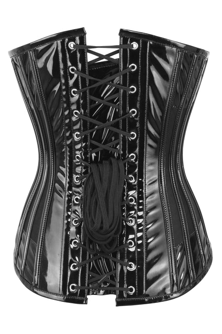 Corset Story BC-017 Black PVC Overbust Corset with Plunge Neckline and Side Mesh Panels