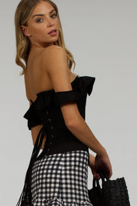 Corset Story C2001 Black Cotton Vintage Inspired Straight line Overbust with off the shoulder collar