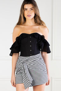 Corset Story CSFT135 BLACK COTTON CORSET TOP WITH DOUBLE FRILLED SLEEVE