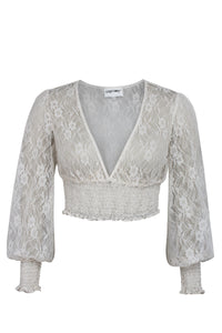 Pearl Top cropped in pizzo bianco opaco con maniche lunghe