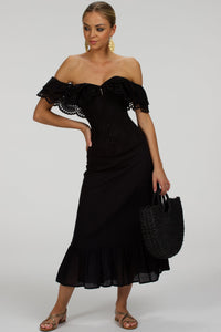 Corset Story SC-099 Olive Black Linen Blend Midi Skirt with Ruffle Hem