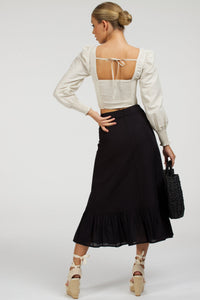 Corset Story SC-099 Olive Black Linen Blend Midi Skirt with Ruffle Hem