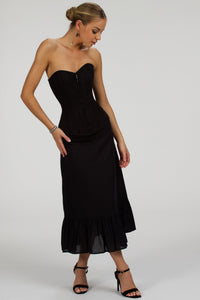Corset Story SC-099 Olive Black Linen Blend Midi Skirt with Ruffle Hem