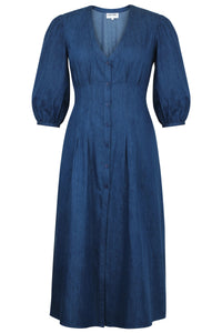 Rosemary Abito camicia in chambray blu con allacciatura ispirata al corsetto