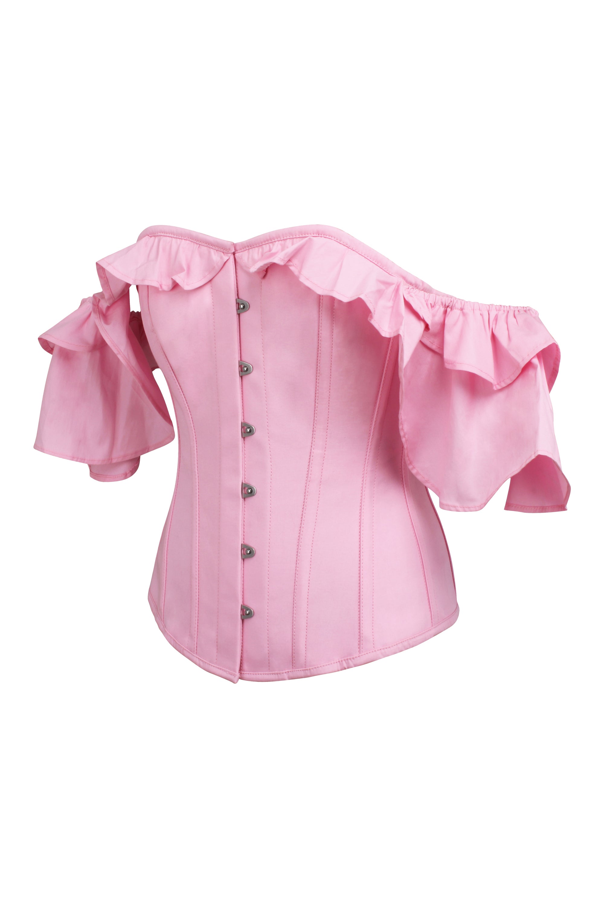 Top a Corsetto in Cotone Rosa con Maniche a Volant