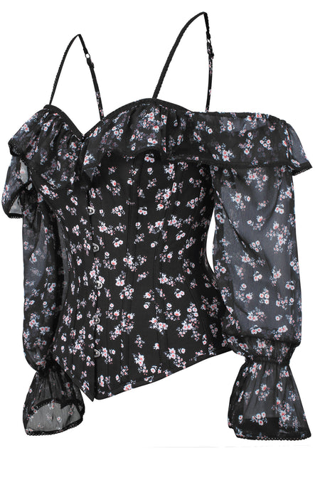 Corset Story TYS508 Long Sleeve Dark Ditsy Floral Corset Top with Cold Shoulder